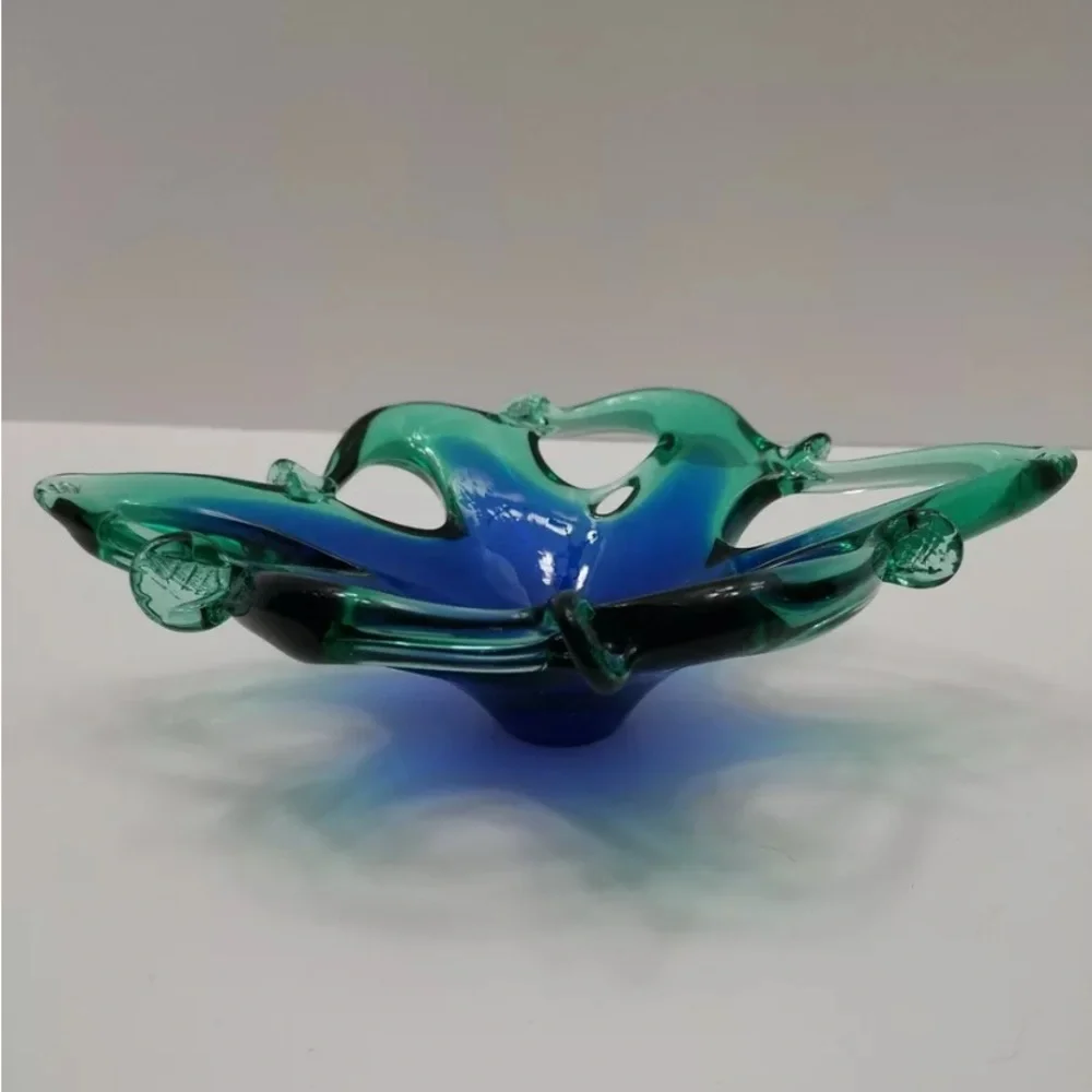 MURANO GLASS fruit bowl decoration home blue green 9in